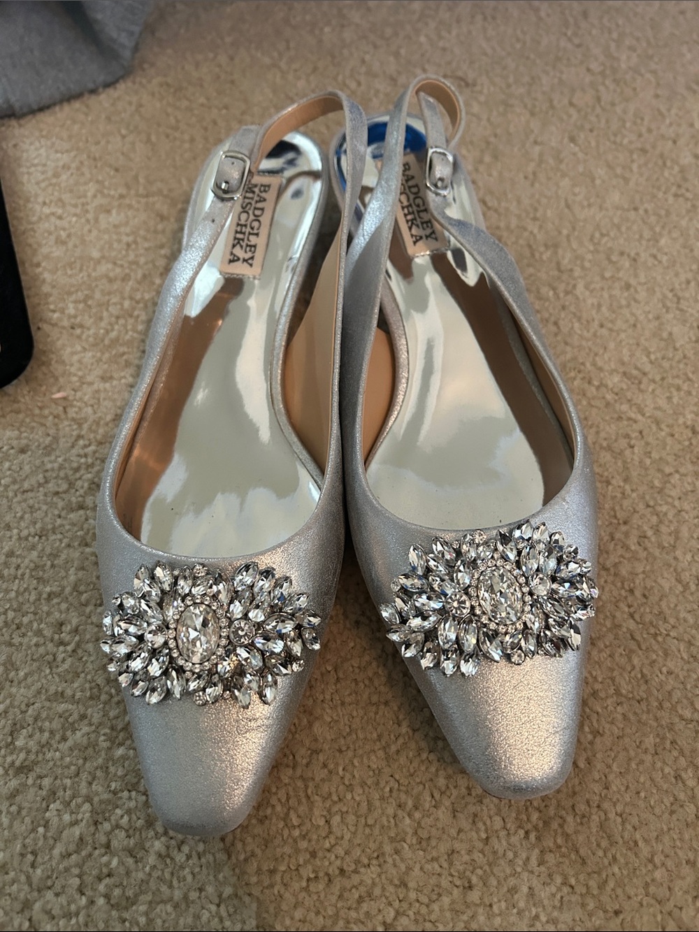 Badgley Mischka Silver Crystal-Embellished Slingback Mules
